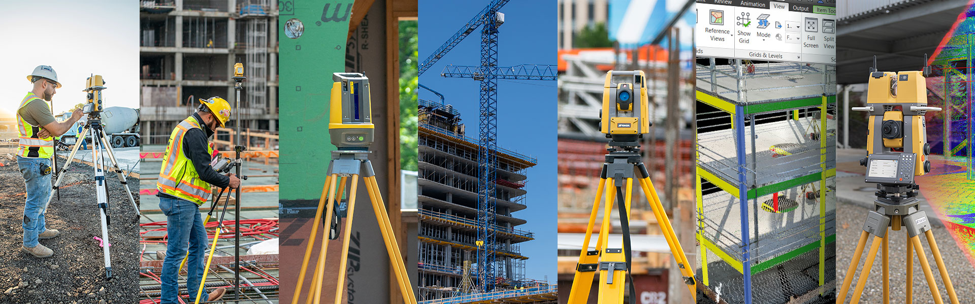Collage including construction workers, LN-150, GT and GTL robotic total stations, and workers with ruggedized field controllers